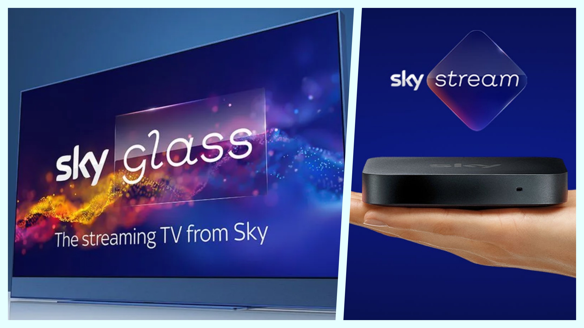 Оборудование Sky TV Sky Glass и Sky Stream на синем фоне