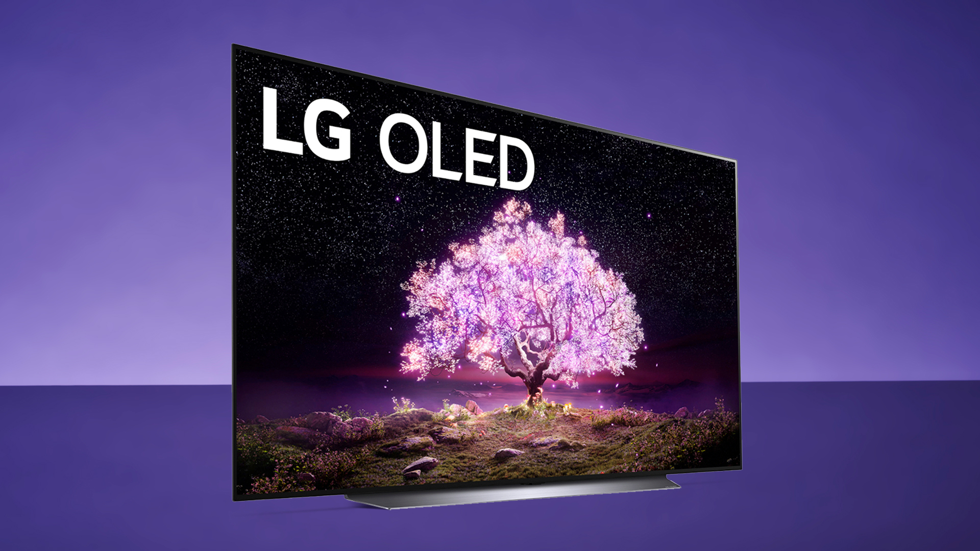 OLED-телевизор LG C1 на фиолетовом фоне