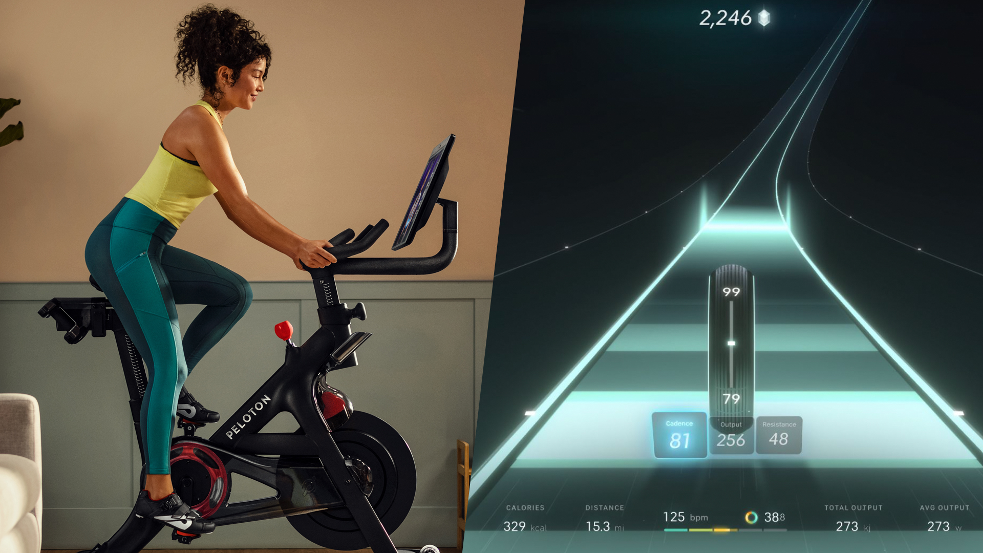 Справа: Подтянутая молодая женщина на велосипеде Peloton+, Слева: Скриншот Peloton Lanebreak.