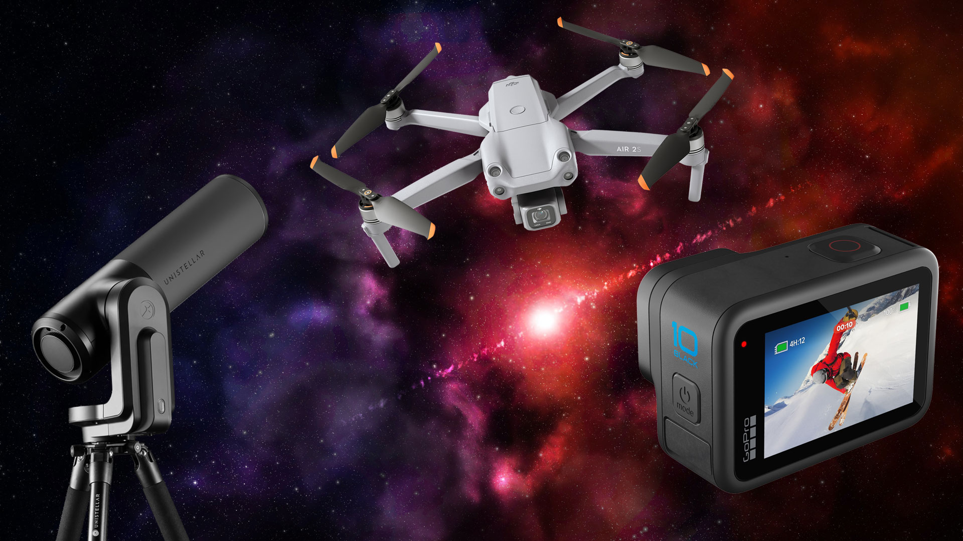 Unistellar Equinox, DJI Air 2S и GoPro HERO10 Black на фоне звездного неба