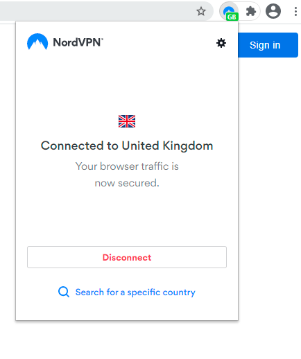 Расширение NordVPN - подключено