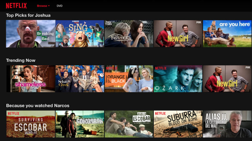 Домашняя страница Netflix, на которой показаны различные доступные шоу и фильмы.