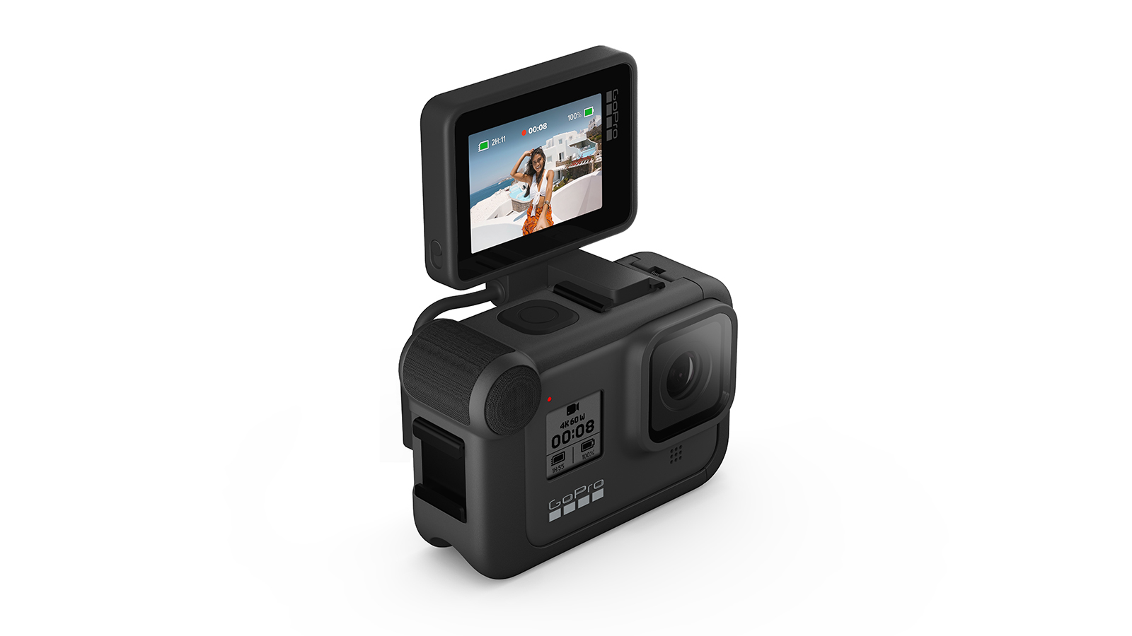 GoPro Hero 8 Black против DJI Osmo Action: показана камера Hero 8 Black с прикрепленным модулем дисплея