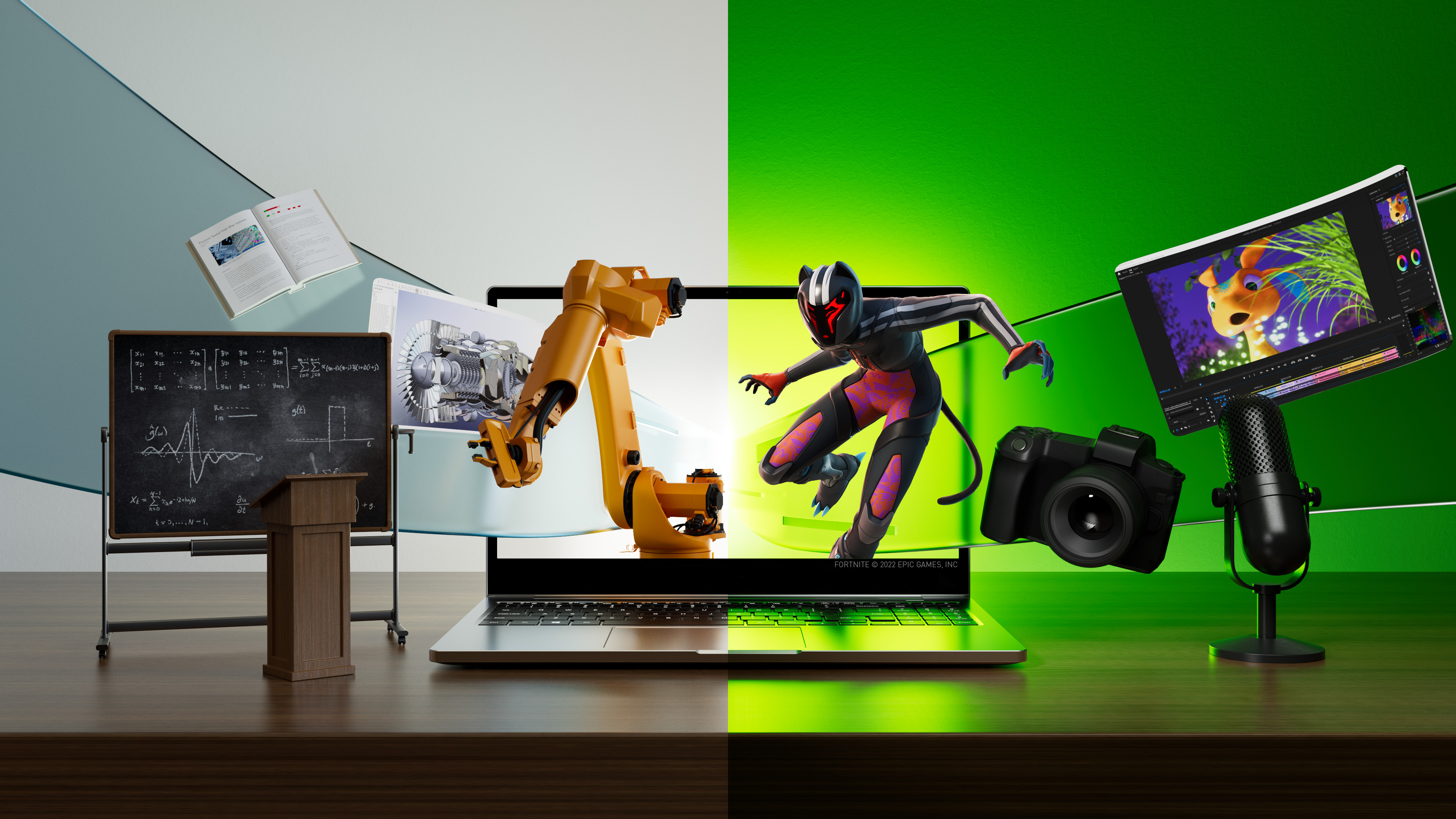Ноутбук с инженерными и учебными объектами, появляющимися с левой стороны экрана, и играми и творческими увлечениями, появляющимися с правой стороны.