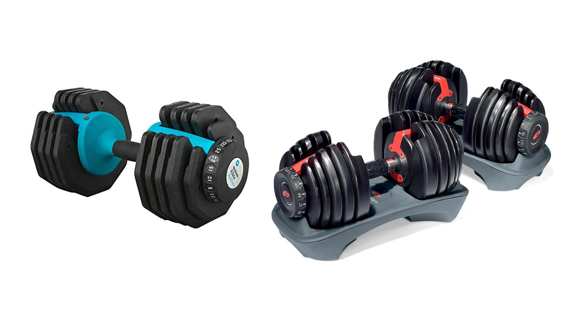 Bowflex Selecttech против регулируемой гантели для здоровья мужчин: на фото здесь регулируемые гантели для здоровья мужчин на белом фоне (слева) и гантели Bowflex SelectTech Adjustbale на белом фоне (справа)