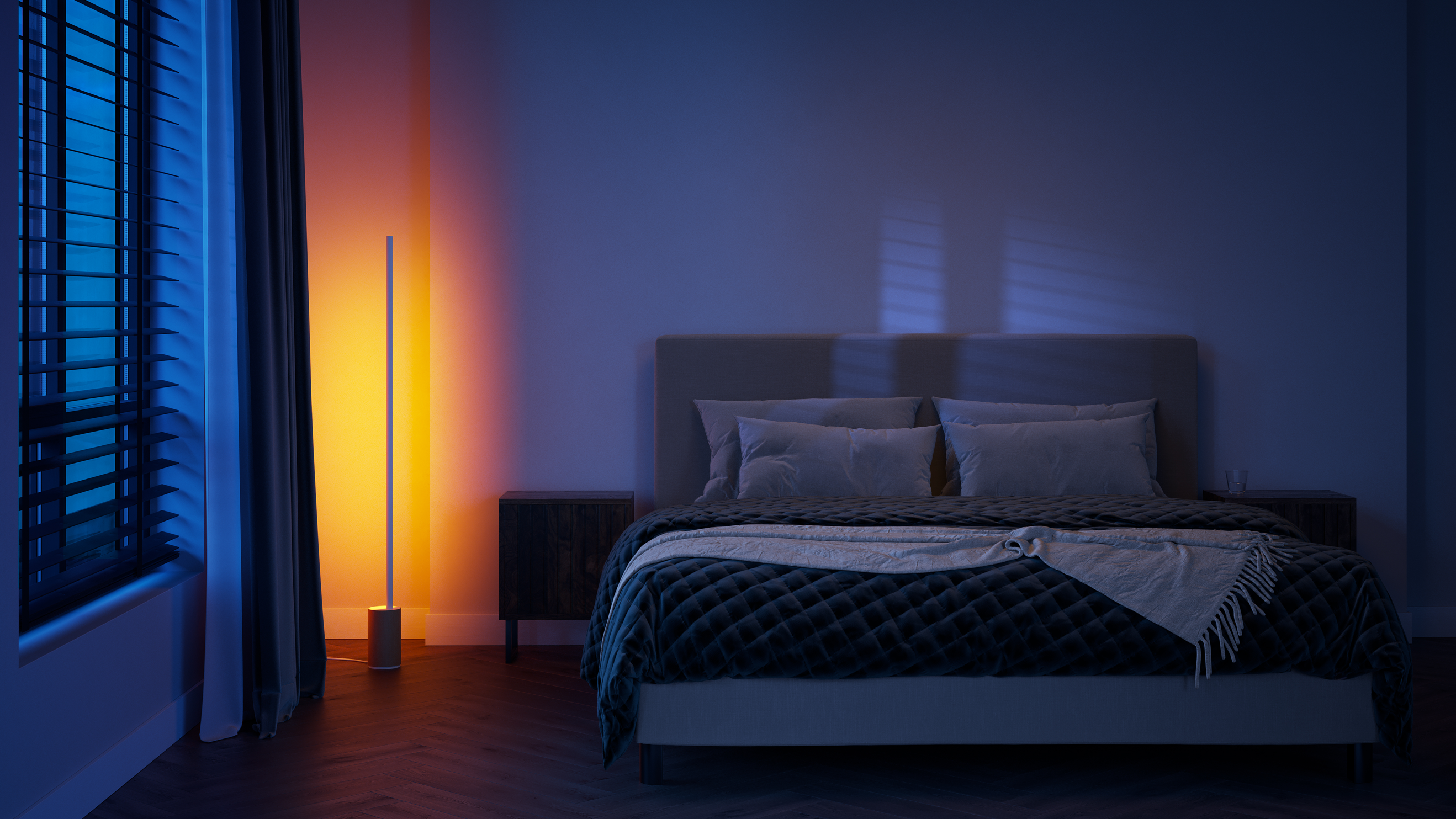 Торшер Philips Hue Gradient Signe в спальне рядом с кроватью