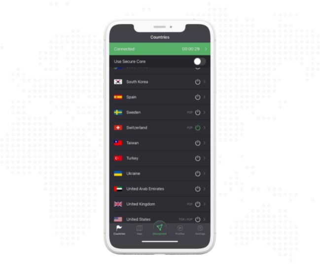 Интерфейс ProtonVPN на iOS