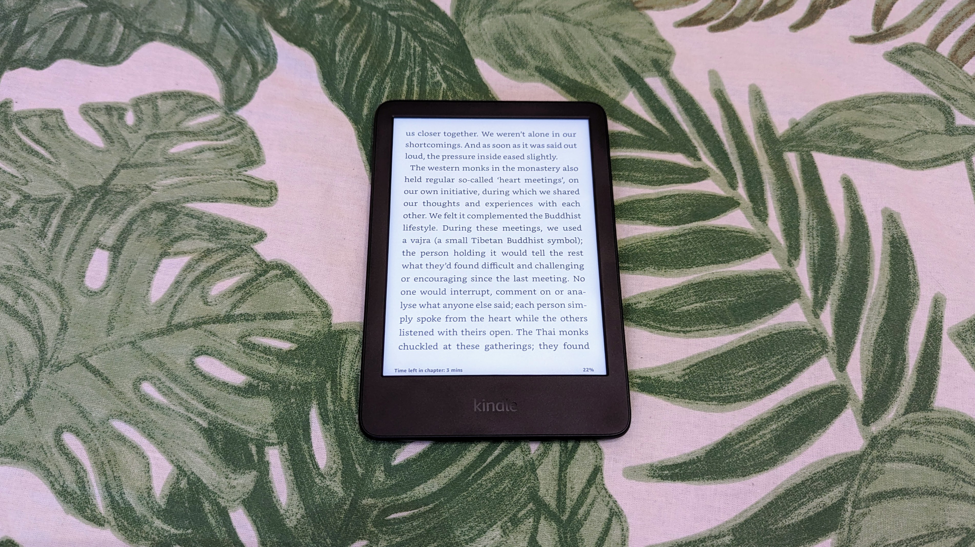 Обзор Amazon Kindle (2022): электронная книга с открытой книгой на фоне листьев