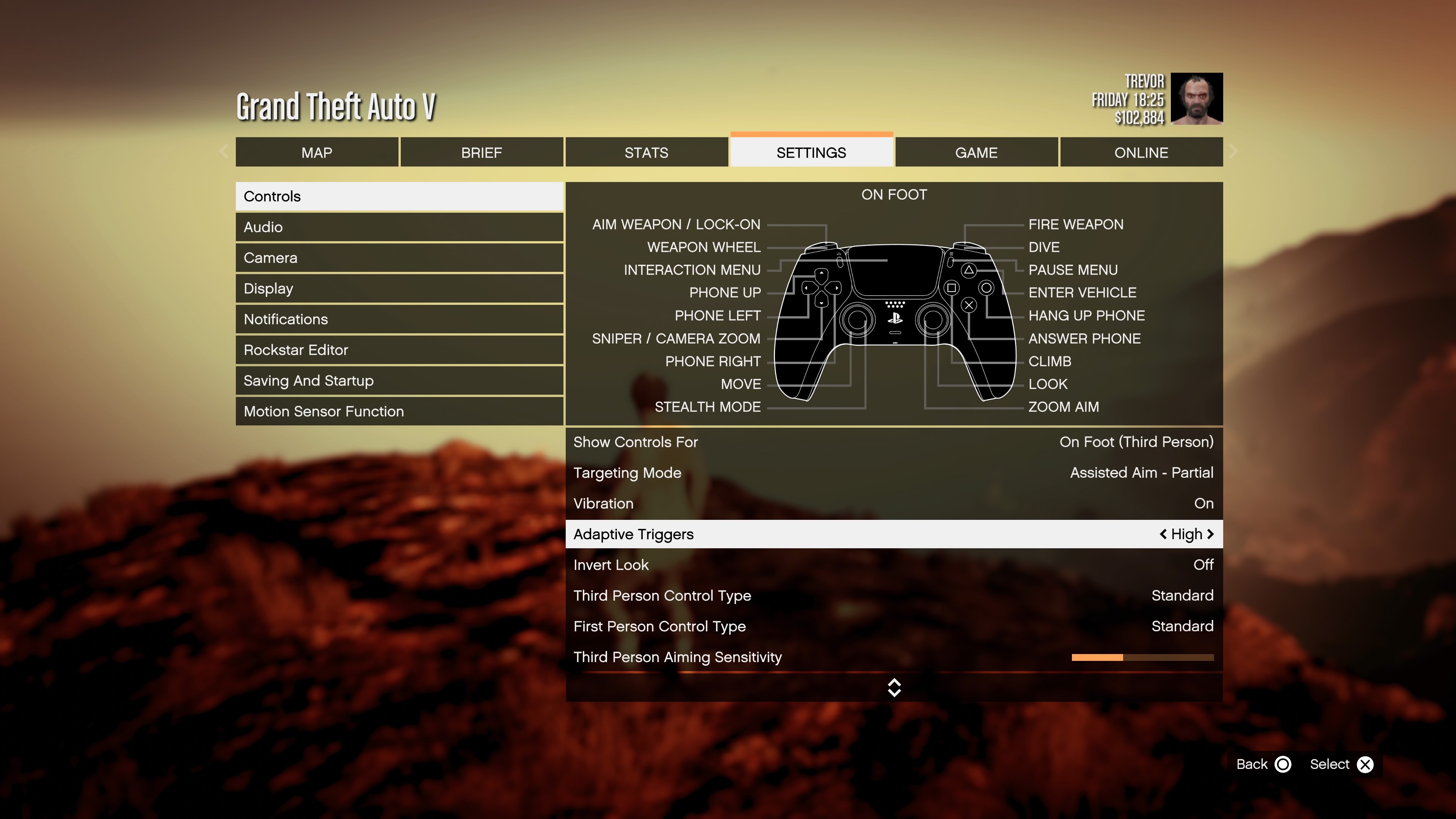 Опции контроллера DualSense в GTA V