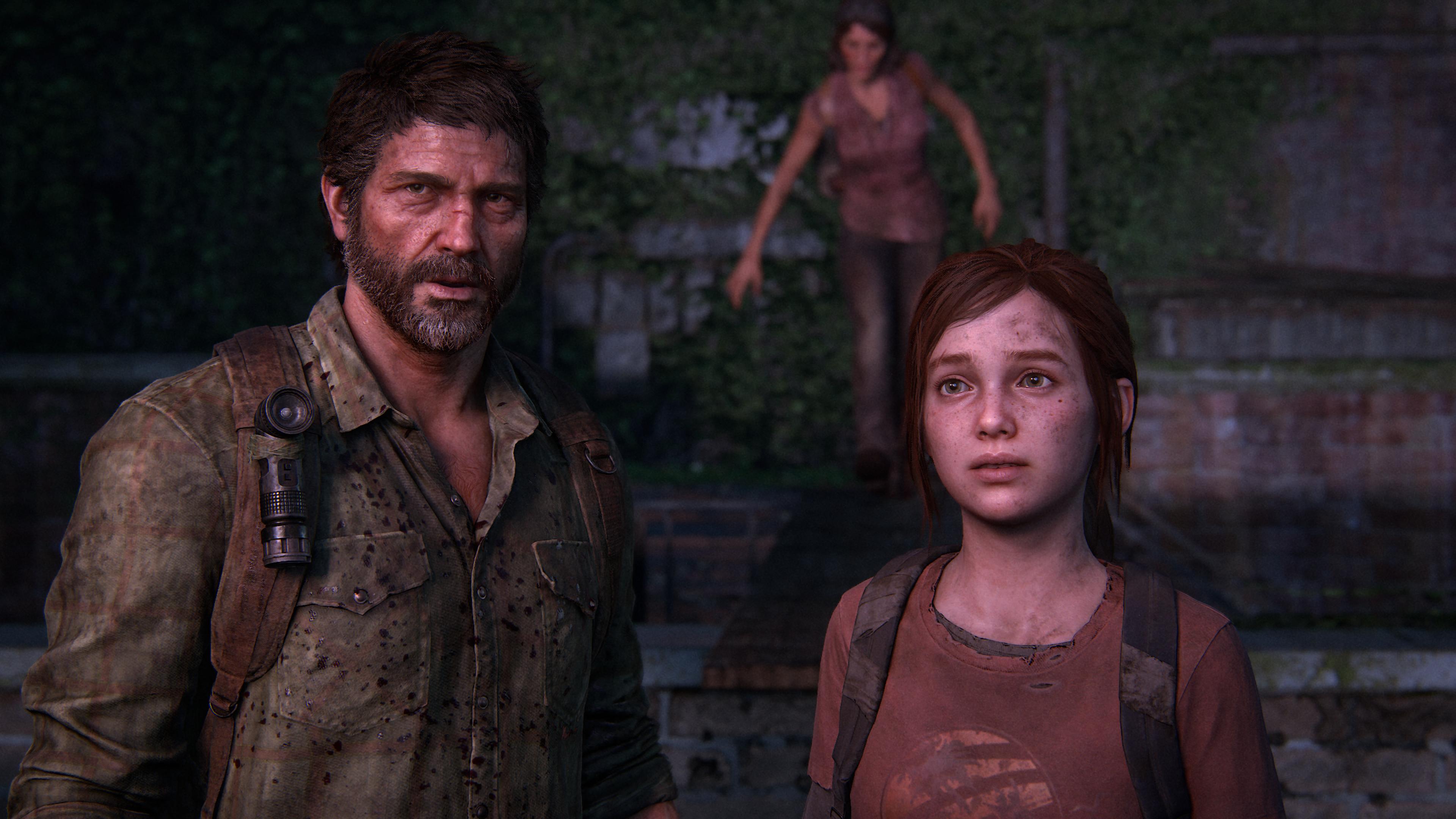 Джоэл и Элли смотрят на закат в The Last of Us Part I.