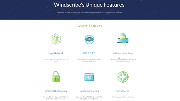 Скриншот Windscribe VPN с функциями с его веб-сайта