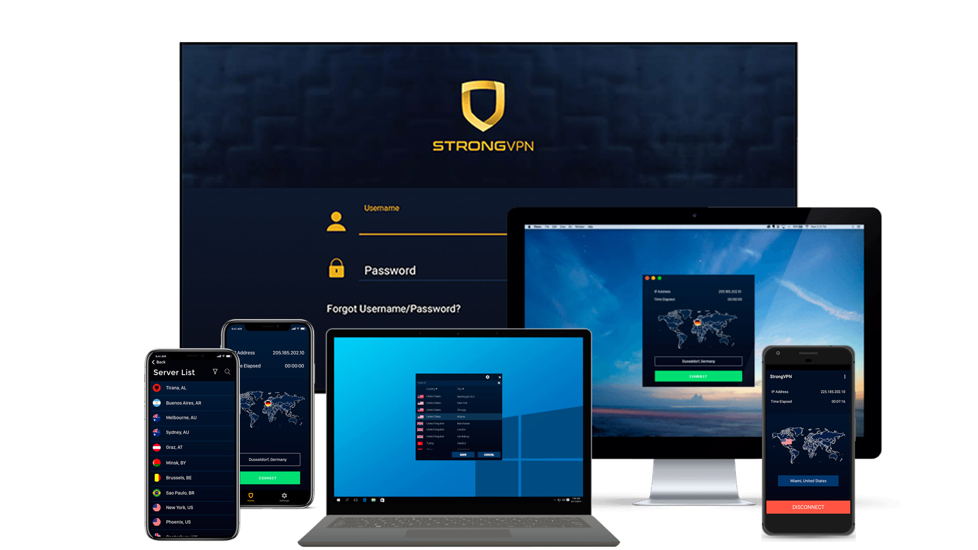 Интерфейс StrongVPN на ряде устройств, включая Windows, Mac, iOS, Android