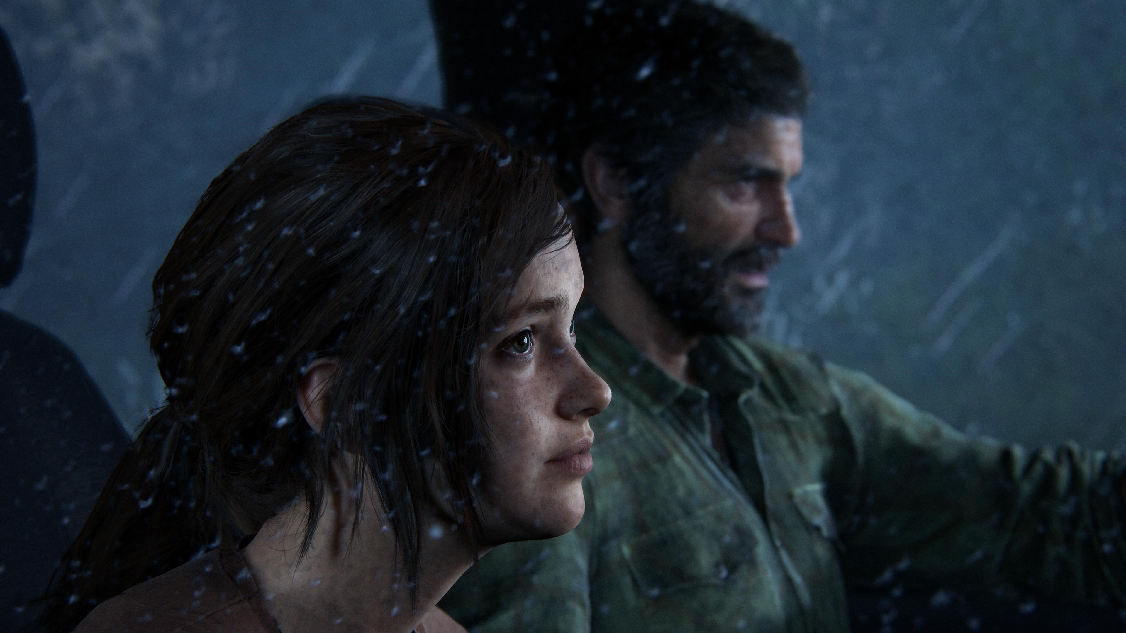 Элли и Джоэл едут в машине под дождем в The Last of Us