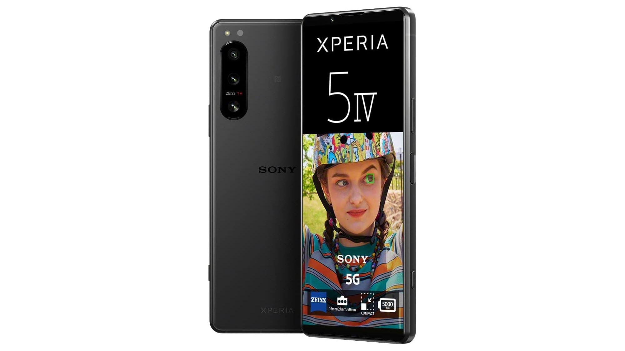 Обзор Sony Xperia 5 IV: черный телефон на белом фоне