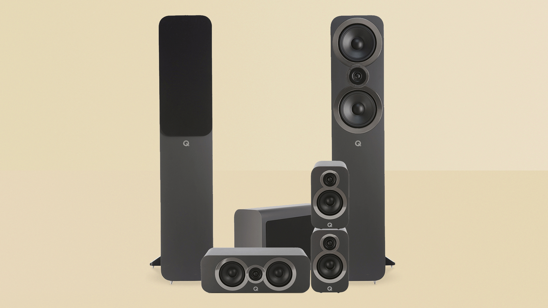 Полный комплект Q Acoustics 3050i 5.1 Cinema Package на желтом фоне