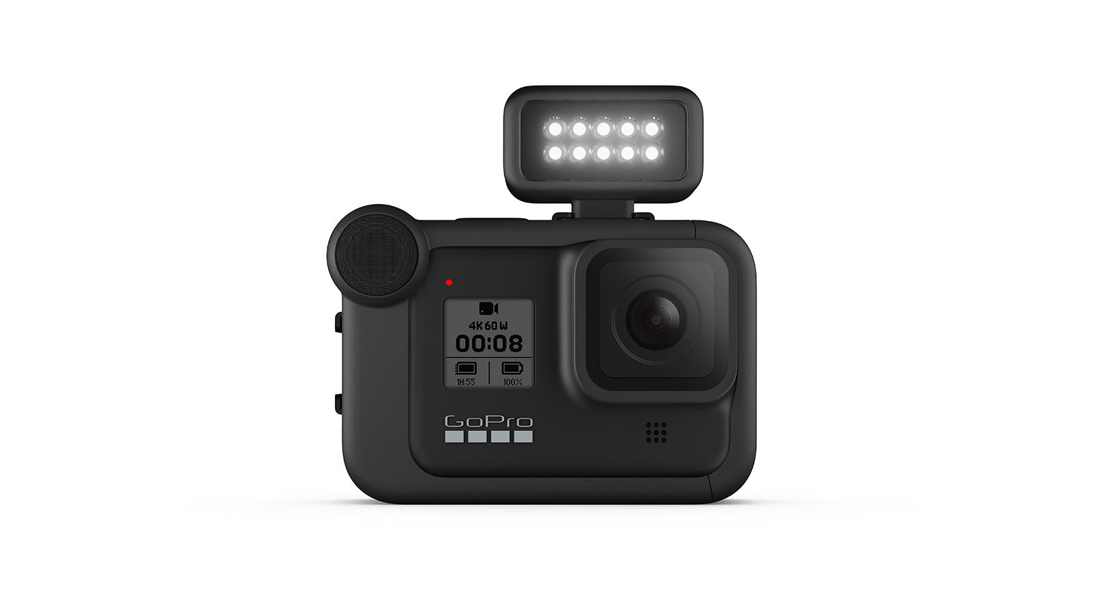 GoPro Hero 8 Black с фотомодулем Light Mod, прикрепленным к верхней части камеры.